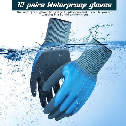 Mimorou 12 Pairs Waterproof Work Gloves Double Coated Rubber - size: Medium