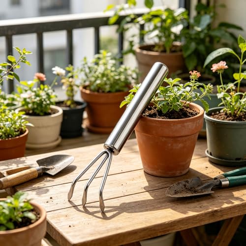 Mini Stainless Steel Soil Cultivator Hand Rake,Compact Garden Rake Tool,Handheld Soil Comb Tool for Indoor Plants,Succulent Cactus Soil Loosening Aeration Accessory for Balcony Container Gardening