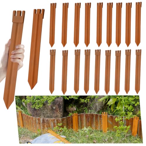 20PCS Brown 10in Hollow-Carved Metal Landscape Edging Stakes,Galvanized Steel Stakes for Corrugated Garden Landscape Edging/Terrace Board/Grass Barrier/Bender Board/Garden Liner/Tent pegs/Dog Stakes - color: Brown-20PCS