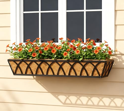 Y&M 4 Pcs 30'' Deck Railing Planters Outdoor Balcony, Large Metal Window Box Deck Railing Planter with Coco Liner for Outdoor Balcony Porch Fence Patio Rail - size: X - 30in 4p