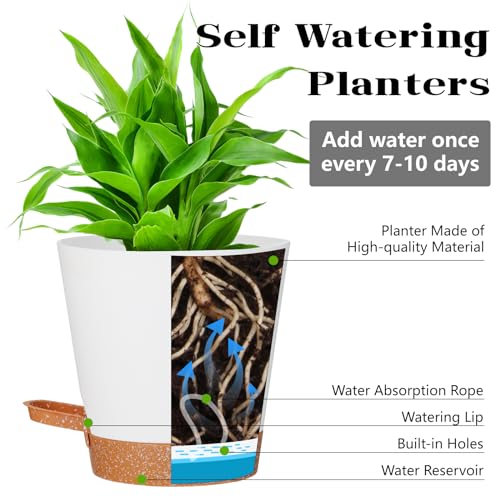 12+12Inch 2Pack Large Flower Pots for Indoor/Outdoor Plants,Self Watering Planters with Reservoir and Drainage Hole White Plastic Planting Pots Modern Home Decor Gift Idea - color: White, size: 12+12Inch
