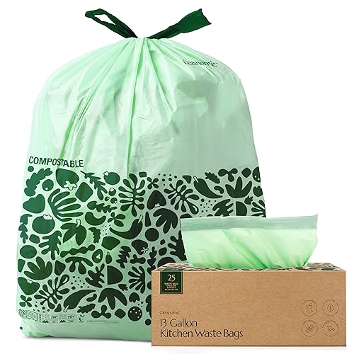 Cleanomic Compostable* Waste Bags with Drawstring (13 Gallon, 25 Units, Tall), BPI Certified For Kitchen Compost - size: 25 Count (Pack of 1)