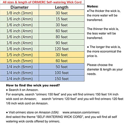 ORIMERC 30 feet 1/5 inch Self Watering Capillary Wicking Hydroponic Wick Cord Vacation Plant Sitter DIY Self-Watering Planter Pot Automatic Water System Device Potted Violet Auto Seedling Waterer Rope - size: 30 feet (1/5 inch)
