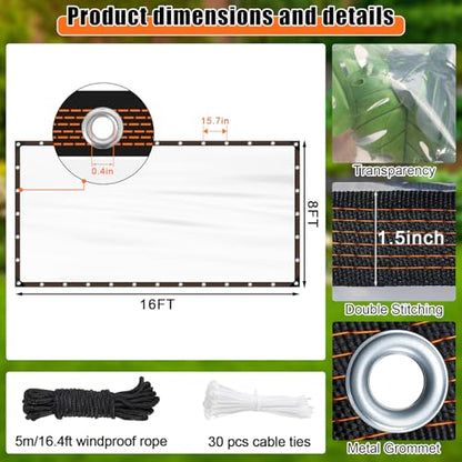 8x16FT Heavy Duty Clear Waterproof Tarp,Outdoor Garden Rainproof Covering - size: 8 x 16 FT