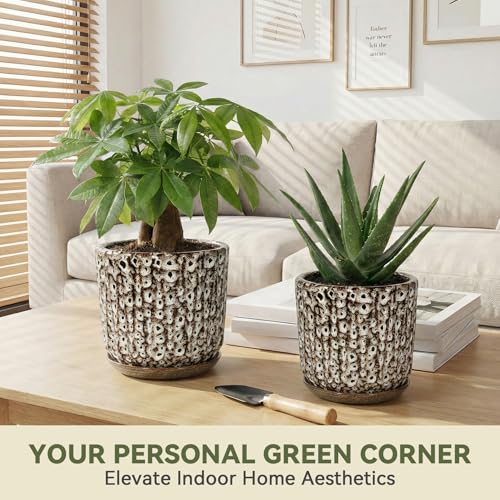 7.5 Inch Ceramic Planter Pot with Saucer Drainage Leak-Proof Mesh,Flower Pots for Indoor Plants with Gardening Gloves,Ceramic Planter(Spotted-White) - color: Spotted-white, size: 7.5 Inch