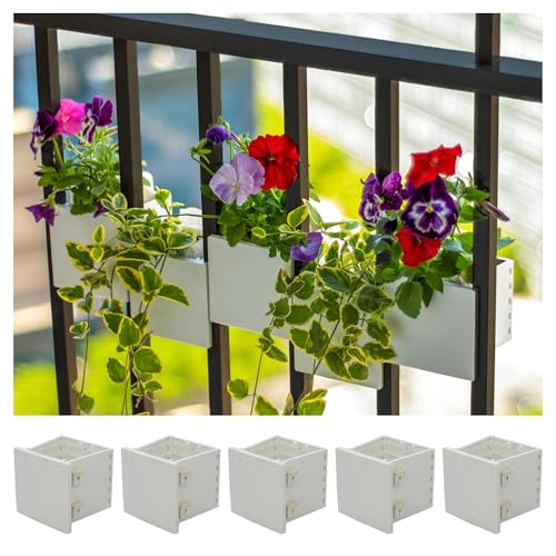 Railing Planter 5-Pack, White (4-inch) | Tool-Free Space-Saving Floating Flower Pots for Balcony Railings | Vertical Garden Railing Planters | UV-Protected, Made in USA
