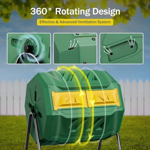 43 Gallon Outdoor Dual Chamber Tumbling Composter - BPA Free, Rotating Compost Bin with Sliding Doors & Steel Frame for Garden/Yard - color: Green