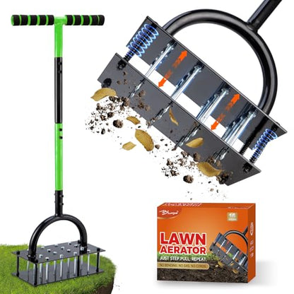 Bluesea Lawn Aerator Tool - 16 Iron Spikes with Ergonomic T-Handle, Automatic Dirt Clean for Soil Loosening & Yard Aeration, Manual Metal Grass Aerator (Green) - color: Green