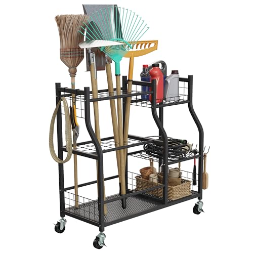 Garage Garden Tool Organizer with Wheels - Yard Tool Storage Rack with 28 Slots for Long Handles, 10 Hooks, 2 Cord Wrappers, 3 Shelves, and Locking Wheels - Shed or Garage Organization by Pure Garden - size: Large