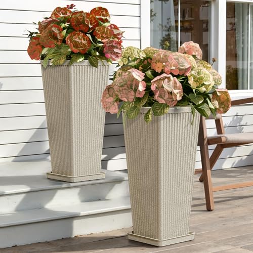 Square Tall Planters for Outdoor Plants with Tray - 24" Beige 2Pack - color: Beige-sandblasting
