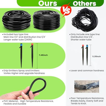 240FT Drip Irrigation System with 1/2'' 1/4'' Tubing Hose