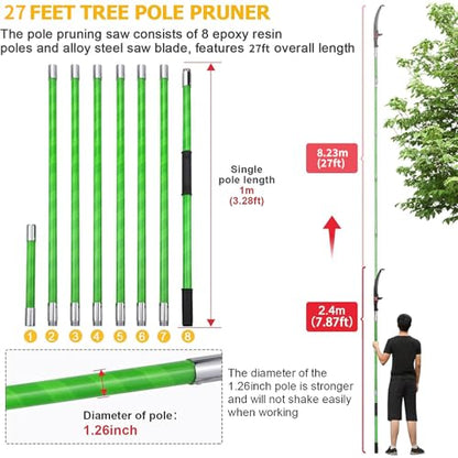27 Feet Tree Pole Pruner Manual Branches Trimmer Tree Branch Garden Tools Loppers Hand Pole Saws Extendable Height - size: 27FT