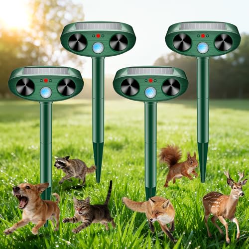 2026 Upgraded Solar Ultrasonic Animal Repellent Outdoor Deer Cat Repellent with Motion Sensor Flash Light, IP65 Waterproof Repeller Keep Rodent Squirrel Raccoon Opossum Skunk Out of Yard Farm