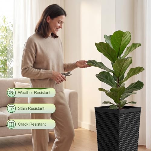 Devoko Resin 24'' Tall Planters, Large Taper Outdoor Planter - color: Black, size: 24" With Trays