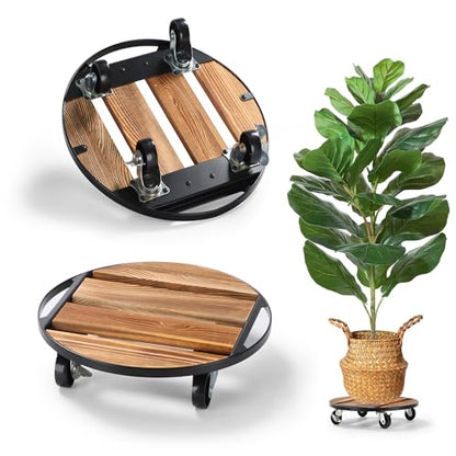 2 Pack Plant Caddy with Wheels, 12" Rolling Plant Stand 264 LB Heavy Duty, Iron and Wood Round Plant Dolly with Metal 360° Lockable Caster Wheels for Outdoor Indoor Large Plant Pots, Flower Pot, Patio - size: 12"- 2pack