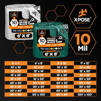 Heavy Duty Poly Tarp 8 Feet x 10 Feet 10 Mil Thick Waterproof, UV Blocking Protective Cover - Reversible Green and Black - Laminated Coating - Grommets - by Xpose Safety - color: Green/Black, size: 8 Feet X 10 Feet