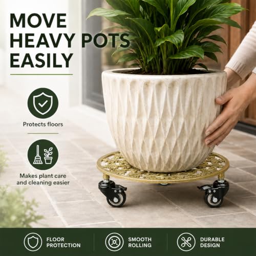 2 Pack 11" Heavy Duty Round Metal Plant Caddy with Wheels, Gold - color: Round Metal Gold, size: 11 INCH 2PCS