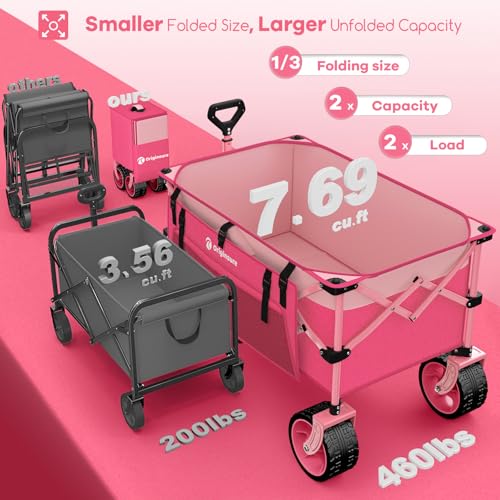 Originsure 220L Collapsible Beach Wagon Cart with Big Wheels, 460lbs, Pink - color: Pink