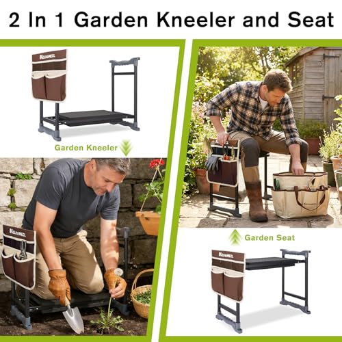 Garden Kneeler and Seat with Umbrella,Heavy Duty Gardening Bench and Stool - color: Beige & Brown