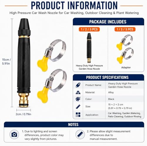 2026 High Pressure Car Wash Nozzle, Adjustable Jet Spray Nozzle for Garden Hose, Heavy Duty Metal Water Hose Nozzle with Quick Connector, Clamps for Car Washing, Patio Cleaning, Watering Plants