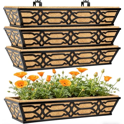 4 Pack 30 Inch Window Boxes Planters with Coco Liner, Large Metal Railing Planter Boxes for Deck, Heavy Duty Hanging Trough for Fence and Front Porch Garden Flower Display - size: 30 Inch