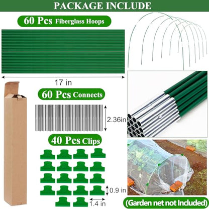 60Pcs Greenhouse Hoops Grow Tunnel Wide, 8FT Rust-Free Fiberglass Support Garden Hoops Kit for Raised Beds Plant Cloth Row Cover Netting-DIY Plant Support Garden Hoop for Netting-40Pcs Clips - style: 60 PCS