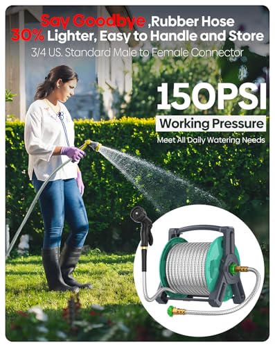 BlueGarden Metal Garden Hose 100 ft with 10 Function Nozzle,No Kinking,Flexible,Heavy Duty & Lightweight Water Pipe,Stainless Steel Outdoor Water Hose for Yard and Lawn,Non-Expandable 100 feet - size: 100ft