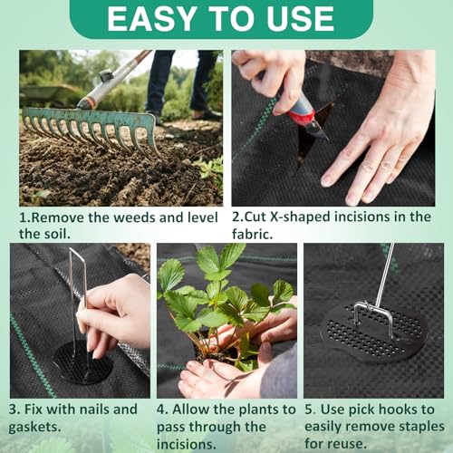 PAMASE Landscape Weed Barrier Fabric - 40pcs Tear-Proof Gaskets, 40pcs Garden Stakes, Pick Hook, 3.2oz Heavy Duty Outdoor Ground Cover Weed Cloth Control - 4 x 100ft - size: 4 x 100ft