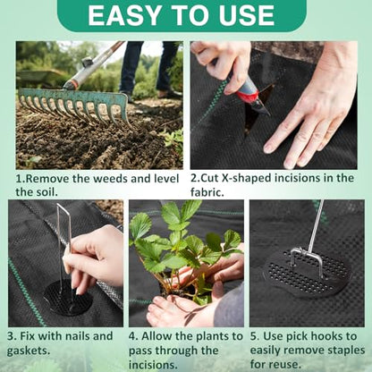 PAMASE Landscape Weed Barrier Fabric - 40pcs Tear-Proof Gaskets, 40pcs Garden Stakes, Pick Hook, 3.2oz Heavy Duty Outdoor Ground Cover Weed Cloth Control - 4 x 100ft - size: 4 x 100ft