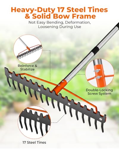 63'' Bow Rake for Soil Leveling, 17 Tines Heavy-Duty Garden Rakes - size: 63IN
