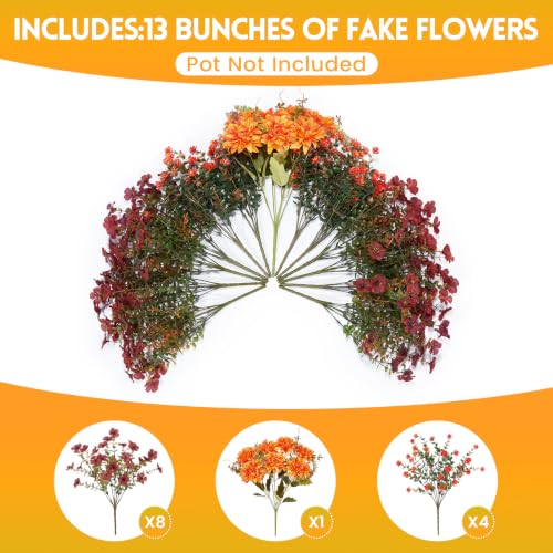 Hrobek Artificial Mums For Outdoor Planter Silk Fake Fall Flowers For Fall Decor,UV Resistant Realistic Faux Dahlia Boxwood for Patio Garden Back Yard Front Poch Home Decor (13 Bunches,3 Multi Colors) - color: 3 Color Mixed (1 Orange Dahlia,8 Brown Mums,4