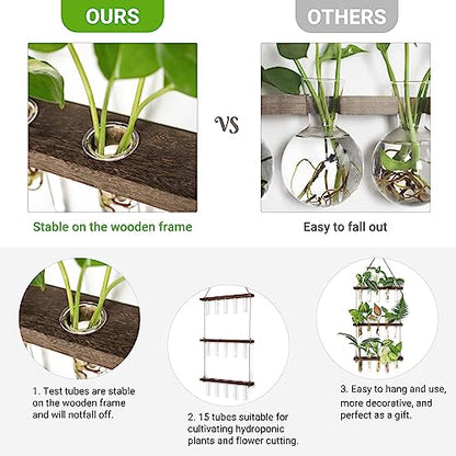 Mkono Plant Propagation Station, 3 Tier Brown Wall Hanging Vase Test Tubes - color: Brown, size: Medium