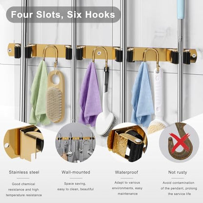 Mop Broom Holder Wall Mount, Gold Stainless Steel Tool Storage Organizer for Kitchen Garden Garage Laundry Room Bathroom and RV with 4 Slots 6 Hooks - color: Gold-1 Pack