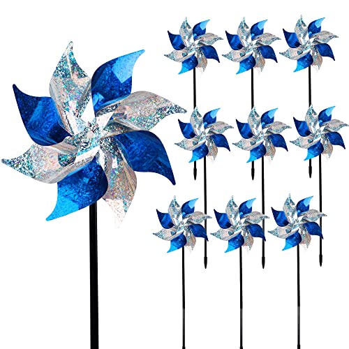 Hausse 10 Pack Reflective Pinwheels with Stakes (Assembly Required), Extra Sparkly Pin Wheel for Garden Decor, Bird Repellent Devices Deterrent to Scare Birds Away from Yard Patio Farm, Blue & Sliver - color: Blue & Silver