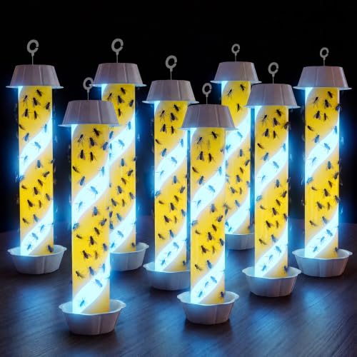 Glow in The Dark Fly Stick with Hanging Hook Adhesive Flying Bug Catcher for Outdoor & Indoor Sticky Insect Trap with Blue Fluorescent for Mosquitoes Flies Bee Wasp Moth Waterproof(White,8 Pack) - color: White