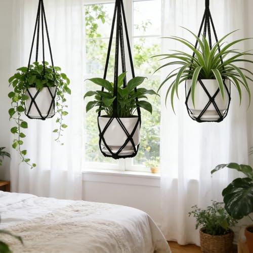 YIBOT Black Macrame Plant Hanger Indoor Hanging Planter Basket - color: Black, size: 35+29+23Inch