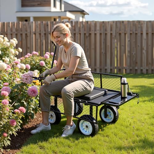 VEVOR 500 LBS Steel Garden Cart with Work Seat, Heavy Duty Garden Wagon Cart on Wheels, Outdoor Metal Utility Yard Wagon Gardening Stool with 10inch Flat Free Tires, Tool Tray & Adjustable Handle - color: Black