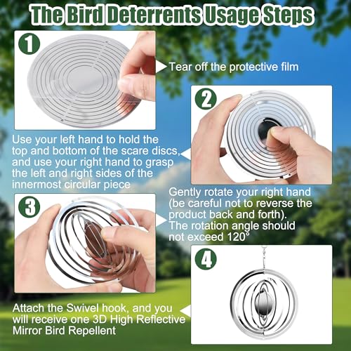 12 PCS Bird Deterrents for Outside Stainless Steel Wind Spinners 3D High Reflective Mirror Bird Reflectors to Keep Woodpeckers Swallows Sparrow Away from Garden Yard Porch Orchard
