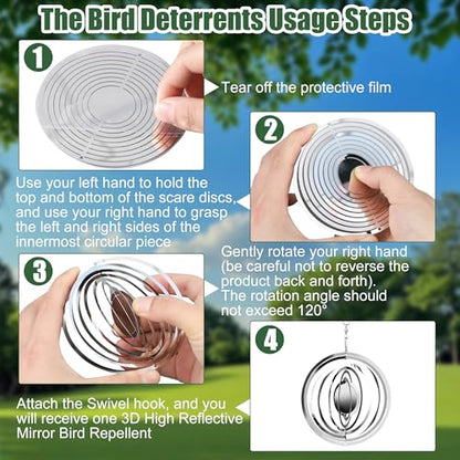 12 PCS Bird Deterrents for Outside Stainless Steel Wind Spinners 3D High Reflective Mirror Bird Reflectors to Keep Woodpeckers Swallows Sparrow Away from Garden Yard Porch Orchard