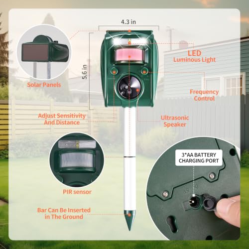 Adjustable-Mode Solar Ultrasonic Animal Repellent, Squirrel Deer Cat Raccoon Repellent Device, Outdoor Waterproof Motion Detection Animal Deterrent, Rabbit Dog Deterrent for Yard, 1P Dark Green