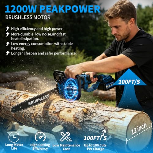 12" Brushless Telescopic Chainsaw, 2-IN-1 21V Cordless Electric Chain Saw with 2 x 4.0Ah Batteries and Charger, Tool-Free Chain Tension, Power Chain Saws for Tree Trimming, Wood Cutting
