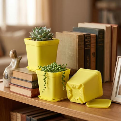 HOIGON 100 Pack 3 Inch Yellow Square Nursery Pot, Durable Thickened Plastic Nursery Pots with Drainage Holes and Saucers, Small Square Planting Containers for Flower Tomatoes Basil - color: Yellow