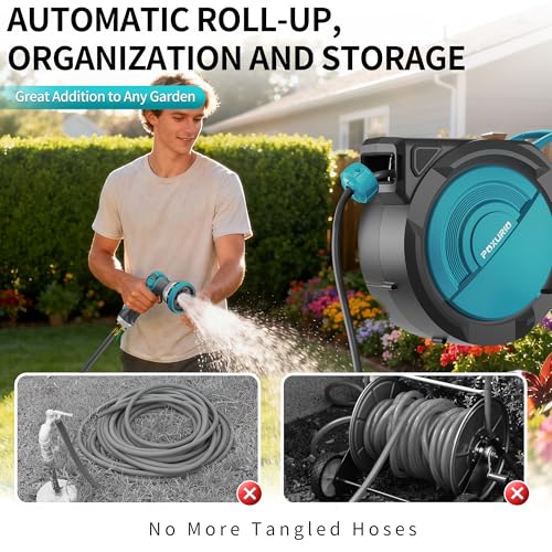 1/2" 110FT Retractable Garden Hose Reel, Wall Mounted Automatic Hose Reel with Upgraded 10 Pattern Nozzle/Any Length Lock/Slow Return System/180°Swivel Bracket, AquaBlue - size: 110FT-1/2"