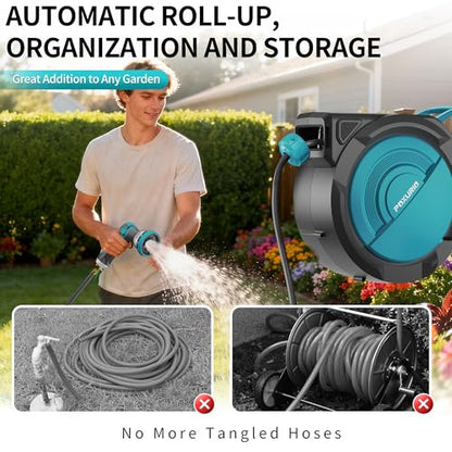 1/2" 110FT Retractable Garden Hose Reel, Wall Mounted Automatic Hose Reel with Upgraded 10 Pattern Nozzle/Any Length Lock/Slow Return System/180°Swivel Bracket, AquaBlue - size: 110FT-1/2"
