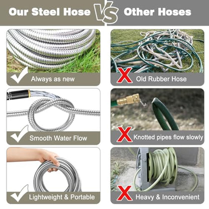 Omont Metal Garden Hose 50FT, Heavy Duty 304 Stainless Steel Water Hoses with Nozzle, Flexible Garden Hose, Lightweight, Rust Proof, No-Kink & Tangle for Yard, Outdoor, RV - size: Stainless Steel 50FT