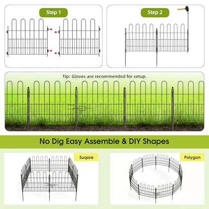 Bepatio Garden Fence with Gate, 5 Panels 24in x 10ft Metal Animal Barrier - size: 5 Panels 24in(H)x10ft(L)-With Gate