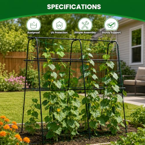 OTOSUNNY Cucumber Trellis for Raised Garden Beds, 5.3x5.3ft Garden Arch Trellis for Outdoor Climbing Plants, 0.55" Reinforced Metal Tomato Trellis for Grape Vines Tomatoes Peas Beans Vegetables, Black