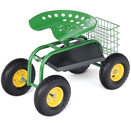GIANTEX Rolling Garden Work Seat, 360 Swivel Gardening Workseat with Wheels, Tool Basket, Adjustable Height, Outdoor Scooter for Sitting, Gardening Stool Chair for Planting Trimming, Green - color: Green