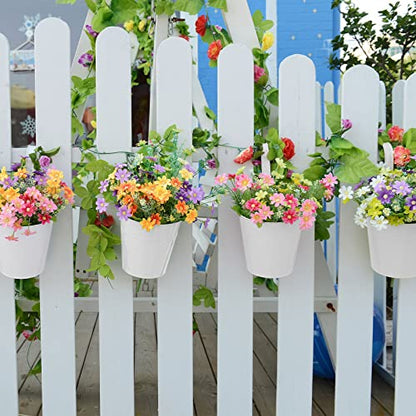 Tessco 4 Pcs 5.3"x10.8" Metal Iron Hanging Flower Pots and 4 Pcs 3.9" Balcony Bucket Planter for Railing Fence White Window Plant Holder Indoor Outdoor Garden Home Decoration with Detachable Hooks