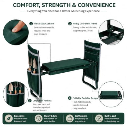 chuntao Garden Kneeler Seat & Mechanic Kneeling Stool, Heavy Duty Foldable Work Seat with Thick Pad & Tool Bags for Gardening Car Repair Garage Work Seniors